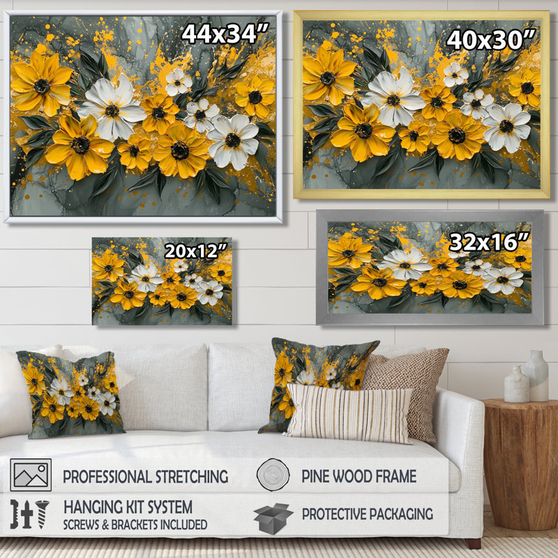 Fleurs abstraites jaunes, jardin gris abstrait - art mural floral, H 30 po x l 40 po, Toile tendue, Does Not Apply