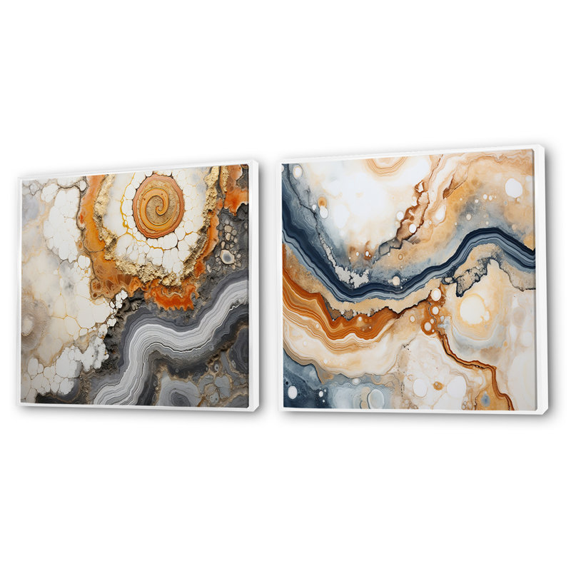 Beige et jaune pierre Geode Simplicity - Ensemble de 2 collages carrés en géode de pierre, Cadre flottant blanc
