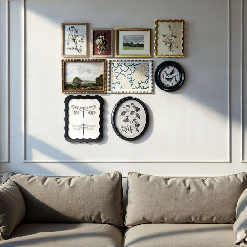 Ensemble de 9 décorations murales en verre encadrées de bois, avec des imprimés de paysages, de plantes et d'insectes