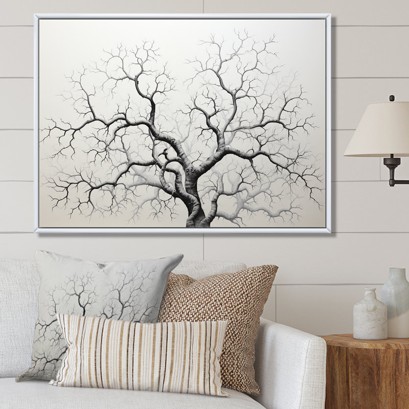 «Monocrhome Sycamore Tree Solitude II», reproduction sur toile, Cadre flottant blanc, H 34 po x l 44 po x P 1,5 po