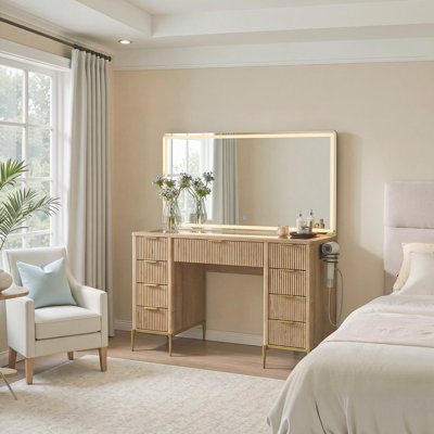 Coiffeuse de maquillage 48 "avec miroir et lumières, coiffeuse de maquillage avec 9 tiroirs avec prise de courant, coiffeuse à éclairage réglable pour chambre à coucher
