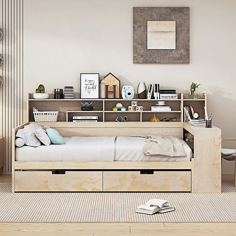 Lit de jour double de style moderne avec tablettes de rangement, lit multifonctionnel avec deux tiroirs de rangement, Naturel