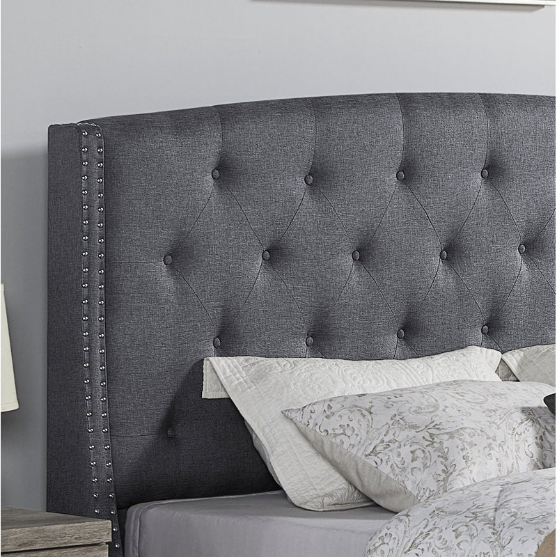 Ensemble de chambre à coucher rembourrée 3 pièces, lit à oreilles capitonné avec deux tables de chevet, Gris/blanc