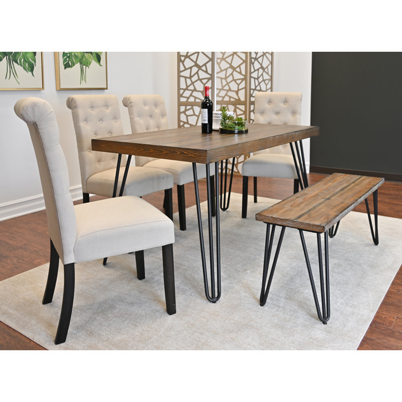 Red Barrel Studio® Tisheka Dining Set, Hairpin Dining Table, Tan, Table, Bench, 4 Chairs