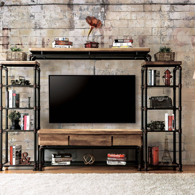 Industrial Style TV Console Bridge Pipe Inspired Frame Metal And Wood Structure Antique Black And Natural Tone Finish
