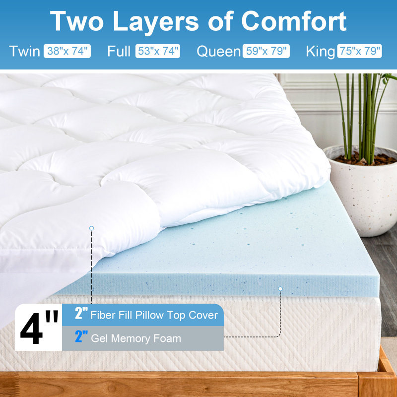 Macdougal Double Layer 4-Inch Mattress Topper, Including 2'' Gel Memory Foam Topper + 2'' Quilted Mattress Cover Set, White