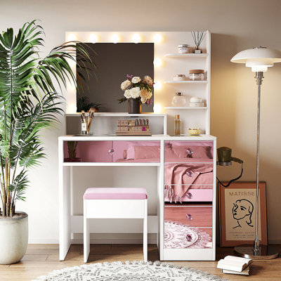 Lighting Mirror  Vanity Desk With Drawers & Shelves And Stool