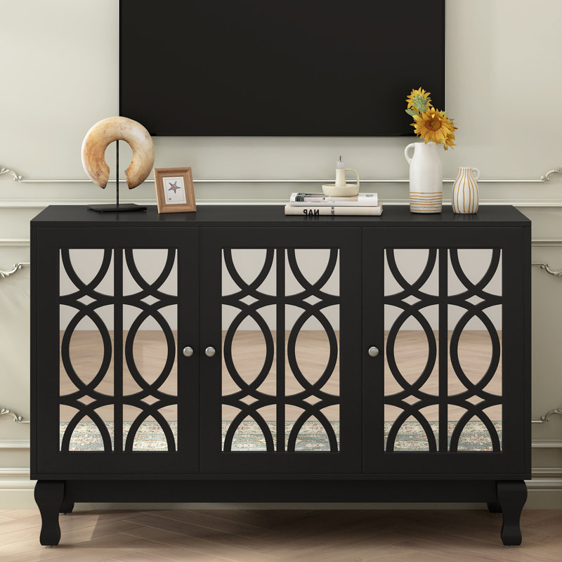 Meuble télé pour écran de 55 po, conception en miroir, 3 armoires, pieds en bois massif, grand espace de divertissement organisé