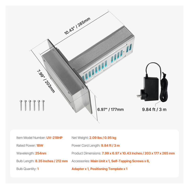 Purificateur d'air Whole House CVC - Système de lumière UV 18W PCO pour le nettoyage des conduits et l'élimination des odeurs