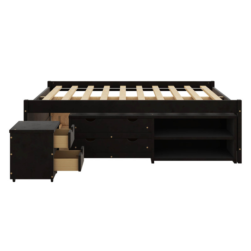  Structure de lit double Altona avec lit gigogne, 2 tiroirs, tablettes et table de chevet, Espresso