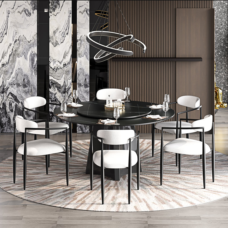 Dining Table Set With 51'' Round Faux Marble Table Top With Lazy Susan And 6 Fabric Dining Arm Chairs, Lauren Black Gold