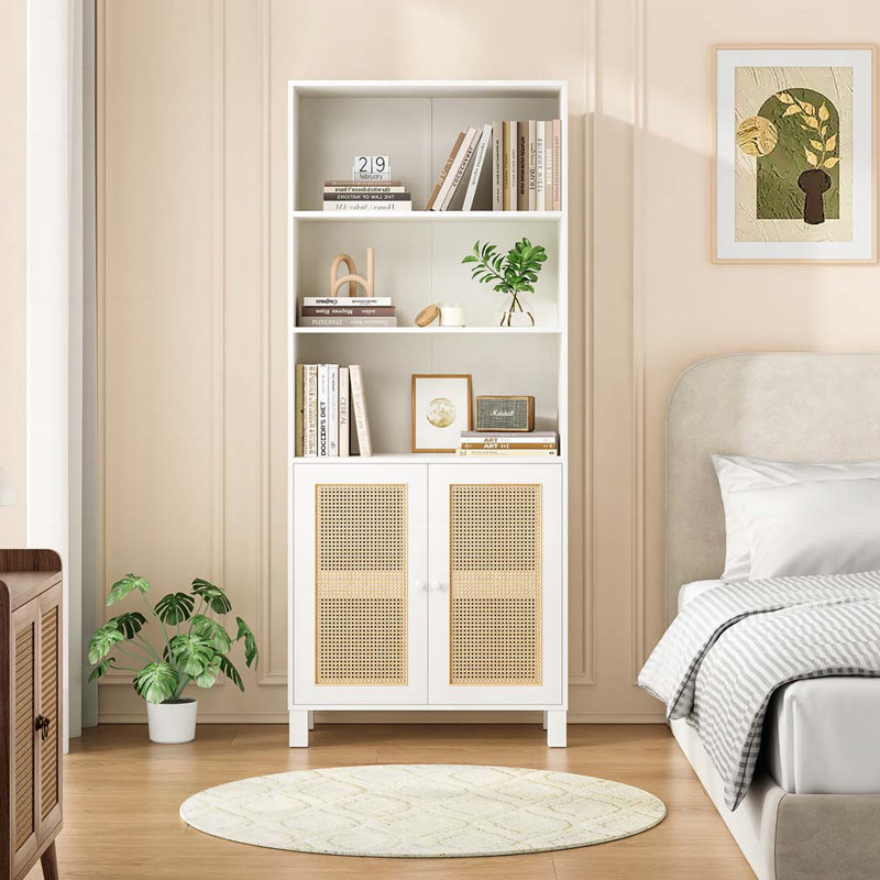 Bookcase with Rattan Doors,5 Tier Storage Wood Shelves, White