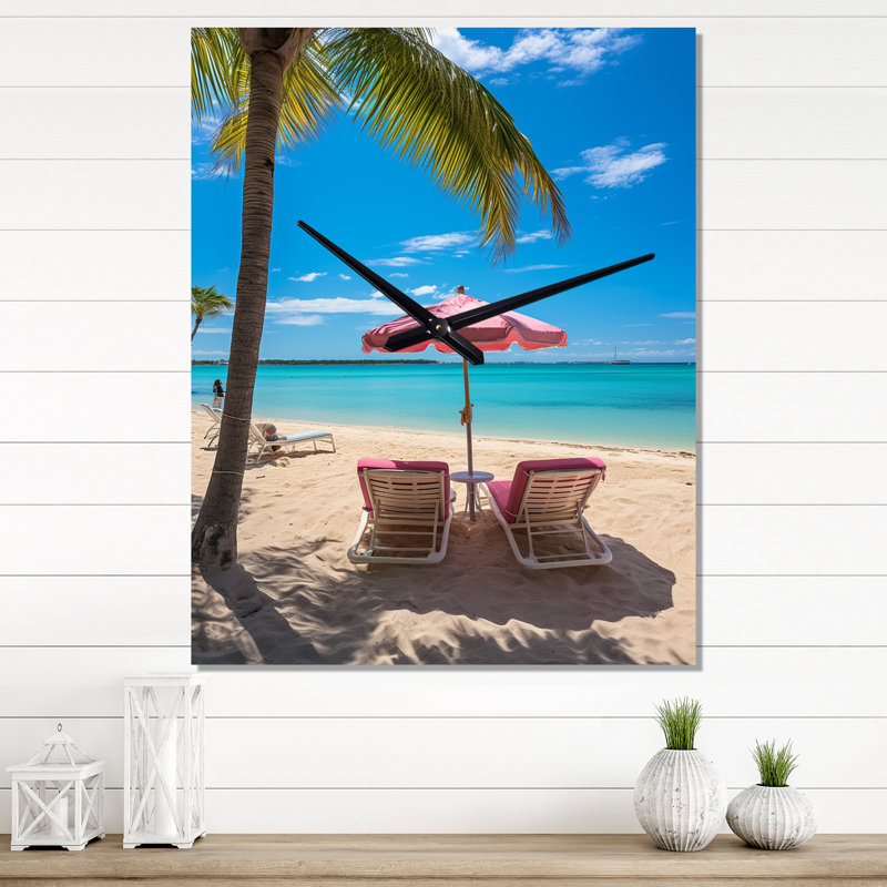 Beach Pink Beach Chairs - Horloge murale moderne nautique et de plage, H 32 po x l 24 po x P 1 po