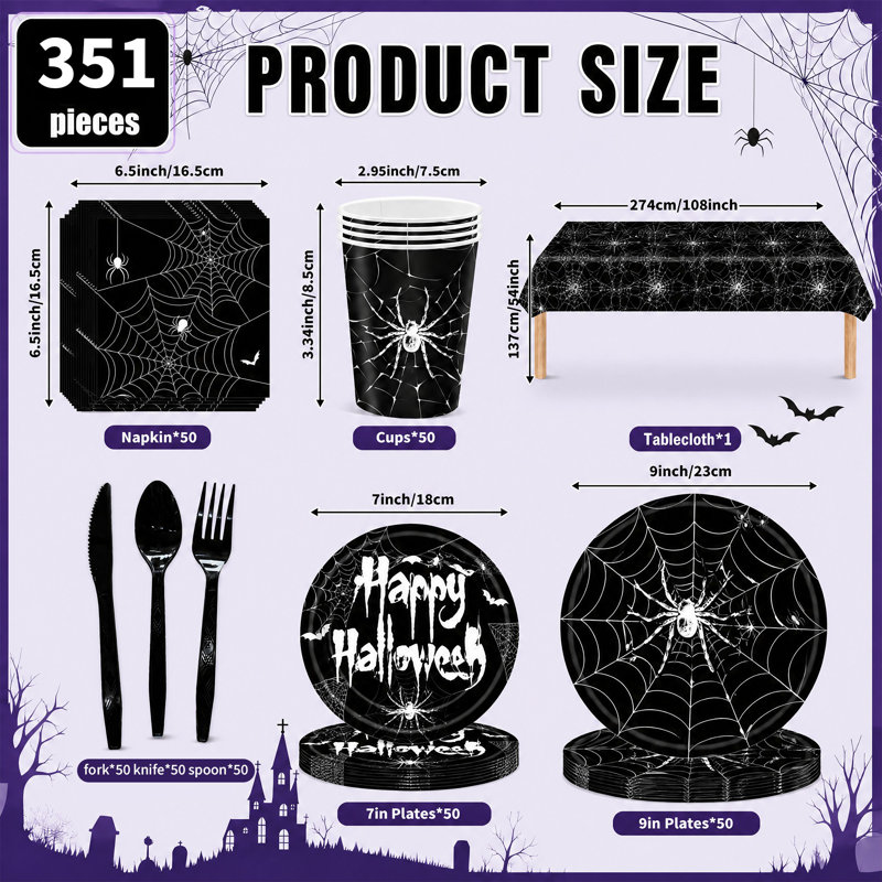 Ensemble 351 pièces de vaisselle de fête d'Halloween, fournitures de vaisselle jetables noires et blanches, assiettes en papier, serviettes de table, tasses, couverts et nappe en plastique, trousse Happy Halloween