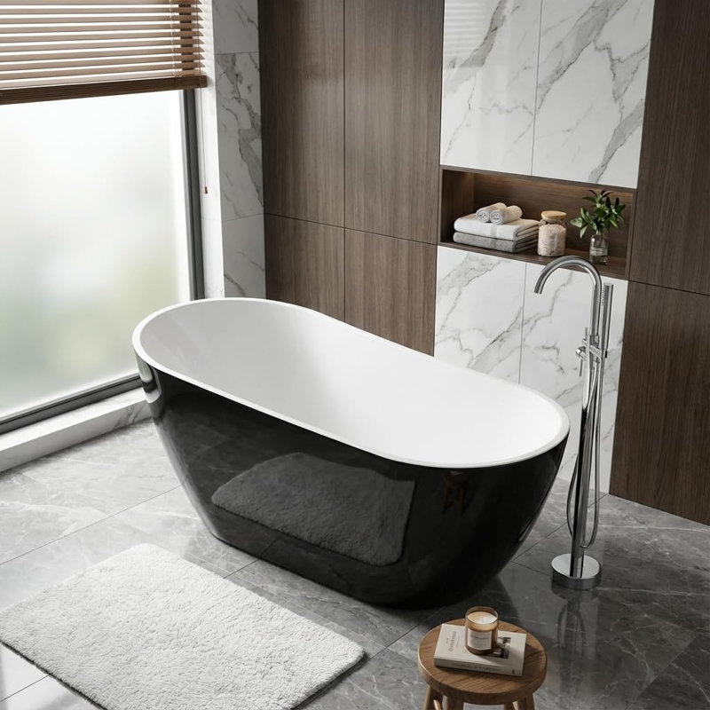 59 Inch Freestanding Acrylic Bathtub Deep Soaking 17 Inch Water Depth Double-Wall Drain Overflow CUPC Certified