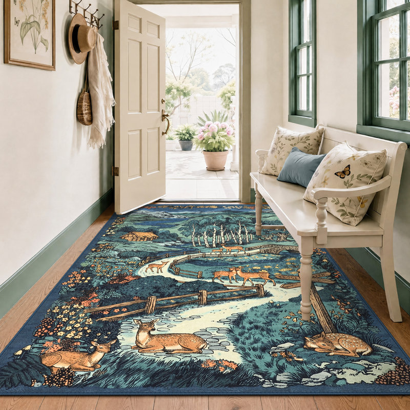 Tapis lavable rétro à motif de cerfs Woodland, Blue, 5' × 7'