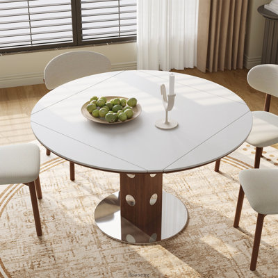 Table de salle à manger extensible ronde 47,2 pouces pour 4 à 6 personnes avec plateau en pierre frittée blanche et colonne en noyer