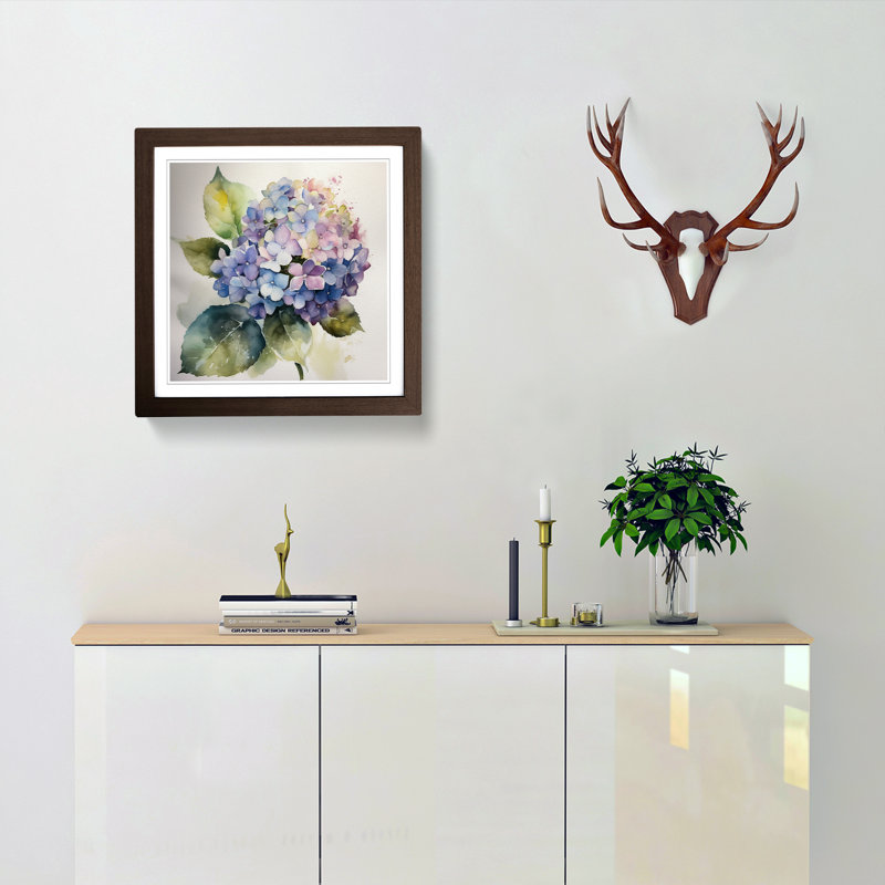 Hydrangea Watercolour - Single Picture Frame Print on Wood, Walnut