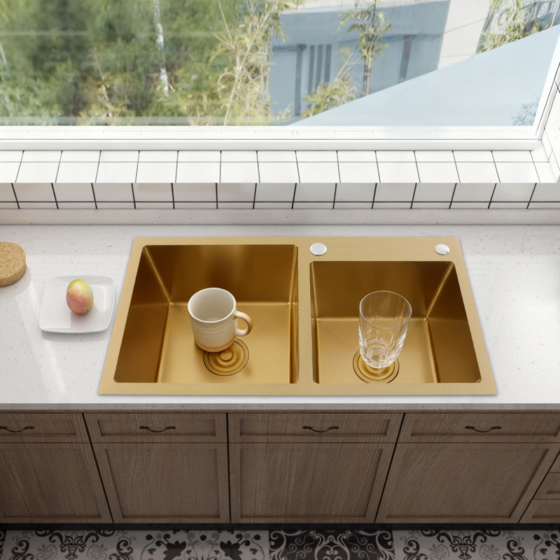 Modern Minimalist Rectangular Stainless Steel Dual Bowl Countertop Drop In Kitchen Sink, Gold