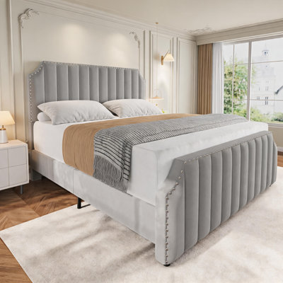 King Size Platform Bed With Upholstered Headboard & Footboard