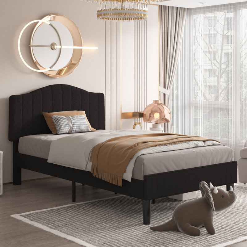 Aldora Twin Size Set Platform Bed with Adjustable Teddy Fabric Headboard, Dark Gray