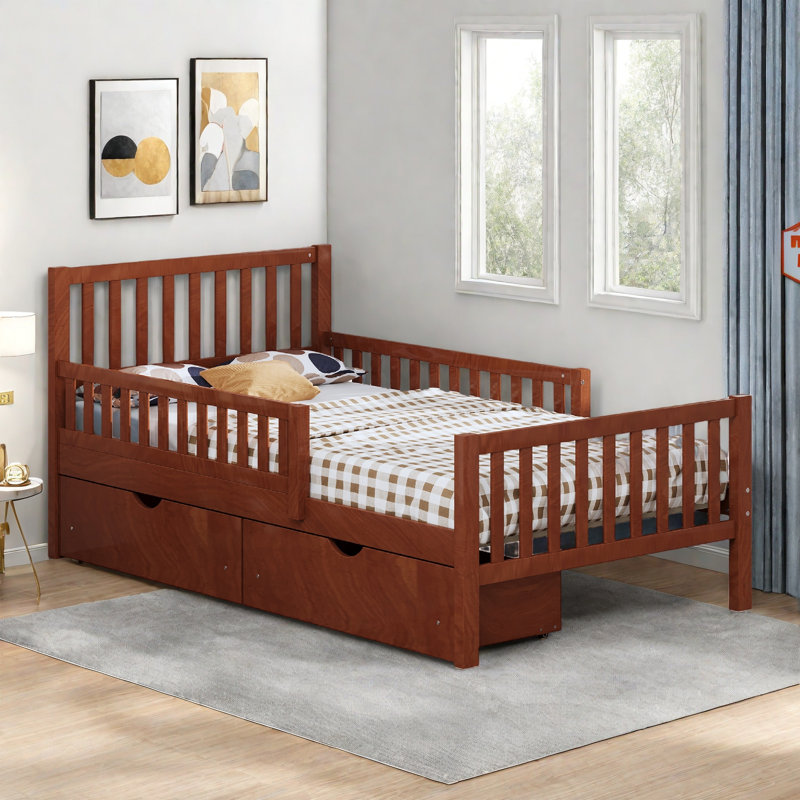 Lit plateforme avec garde-corps et 2 tiroirs de rangement, Noyer, Lit simple