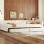 Lit plateforme double avec 2 tiroirs, bois beige, revêtement en lin, sans sommier, aménagement de chambre à coucher, rangement et rangement, organisation-1123106914