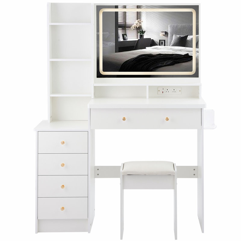 Luxury 41 Inch Left Bedside Cabinet Vanity Set with LED Mirror, Power Station, and Hair Dryer Stand for Modern Bedrooms