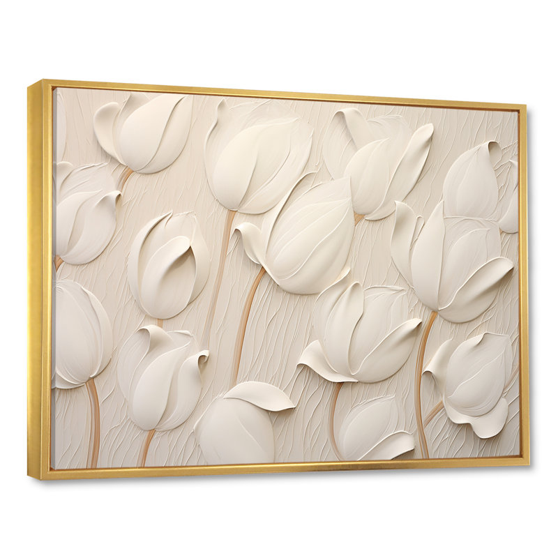 Minimalisme, tulipes blanches symphonie - tulipes, art mural, Reproduction avec cadre flottant, H 34 po x l 44 po, Doré
