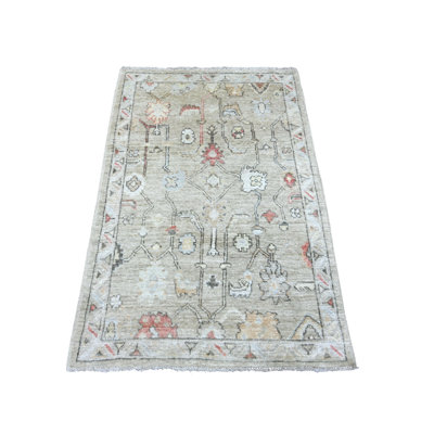 Tapis oriental 3 pi 3 po x 5 pi gris avec motif en oushak angora afghan avec motif de vignes, noué à la main, 100% laine, teintures naturelles