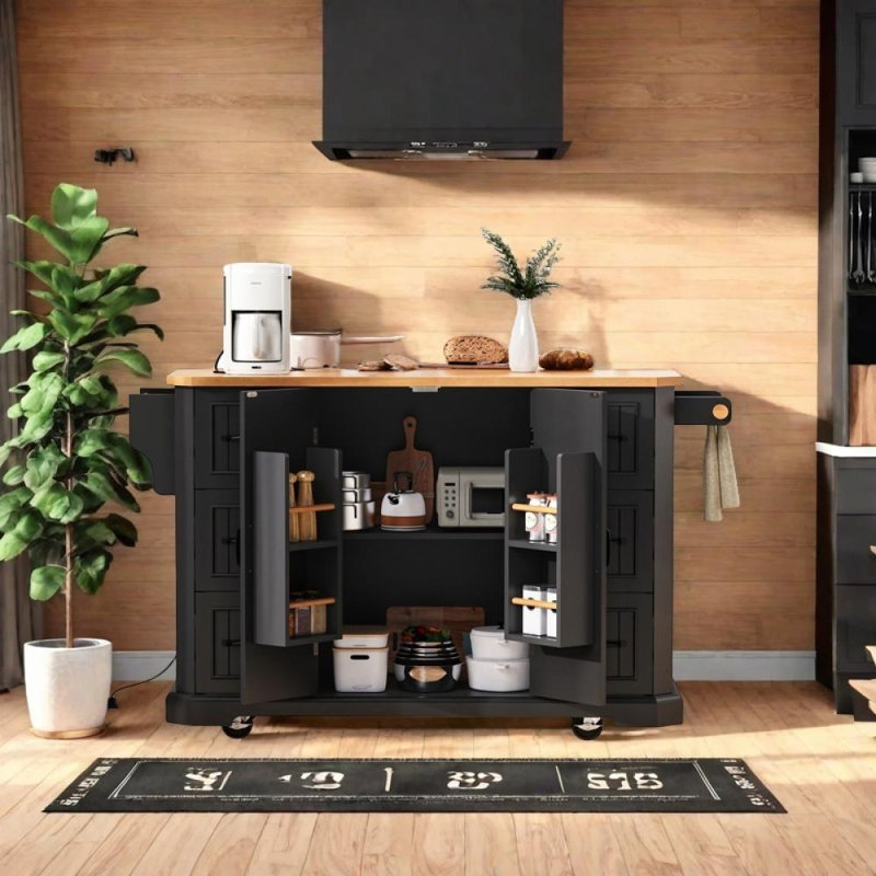 Kitchen Island with Rubber Wood Drop Leaf, Black