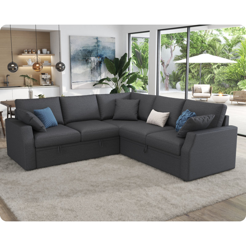 Sofa Bed, Sleeper Sofa With Storage Seat & Pull Out Bed , L Shape Sofa For Living Room, Linen, Gray Linen