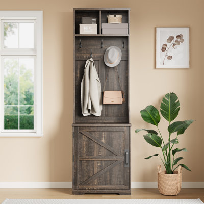 Farmhouse 3-in-1 Hall Tree w/Shoe Storage Bench & 6 Hooks, Entryway Furniture Mudroom Bench with Storage and Hooks, Standing Coat Rack for Entryway Be