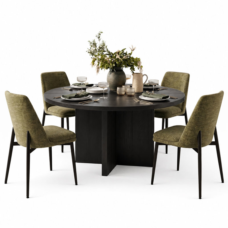 Modern 5-Piece Round Dining Set With Pedestal Base Table And Upholstered Side Chairs, Green
