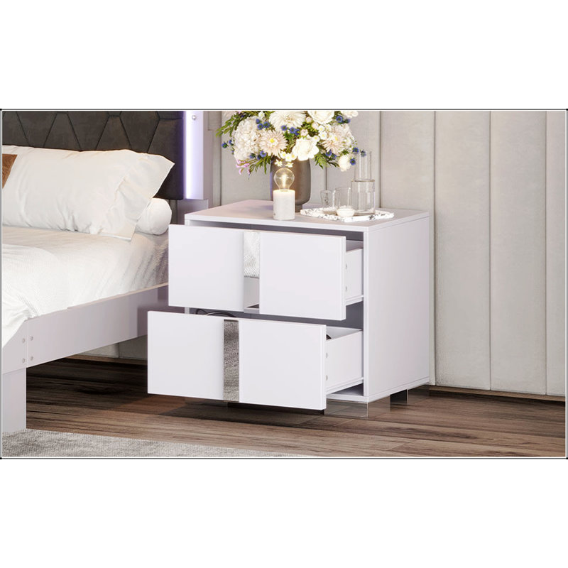 Table de chevet élégante à miroir avec 2 tiroirs, poignées en métal et surface lisse pour un entretien facile, parfait pour le rangement dans la chambre à coucher.