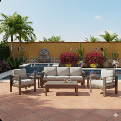 Ensemble de mobilier de patio moderne en métal 4 pièces toutes saisons, canapé de conversation 5 places avec coussins beiges épais et structure kaki et table basse