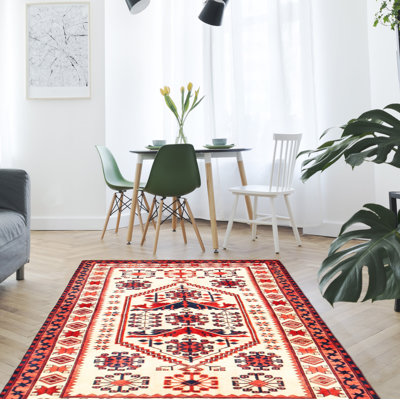 Tapis décoratif en laine de conception unique 3 pi 7 po x 5 pi 9 po noué à la main gris de couleur crème/rouge/bleu marine
