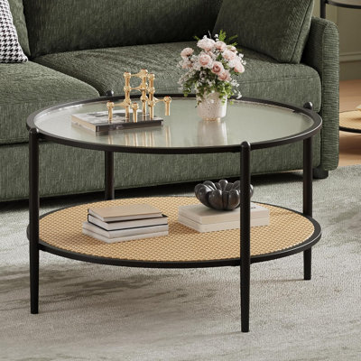 Modern Round Rattan Coffee Table with 2-Tier Storage, Water-Wave Glass Top & Metal Frame, Space-Saving Table for Living Room and Office