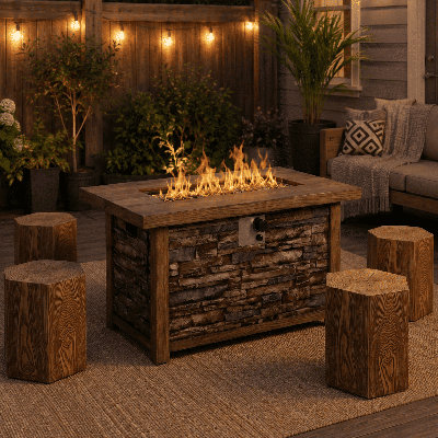 44Inch Outdoor Patio Propane Fire Pit Table With 4 Hexagon Wood-Look Stools,Lava Rocks