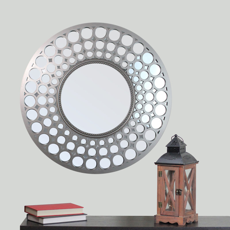 24.75" Cascading Orbs Round Wall Mirror, Matte Silver