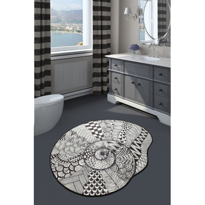 Non-Slip Bathmat, 39.4 in Diameter, Black & White | 100% Polyester, Antiallergic, Dust & Stain Repellent, 20.5 oz/sq yd | Machine Washable, Easy Care | Perfect for Bathroom Safety & Style