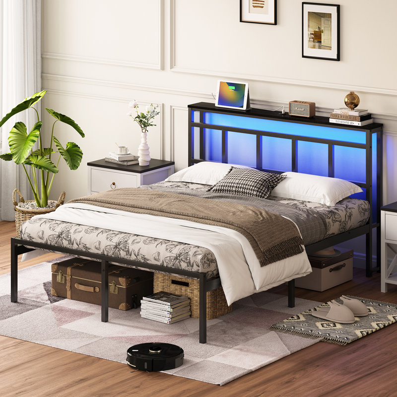 Structure de lit plateforme 14 po en métal avec tête de lit, USB-C, lumière DEL - noir moderne, Lit double