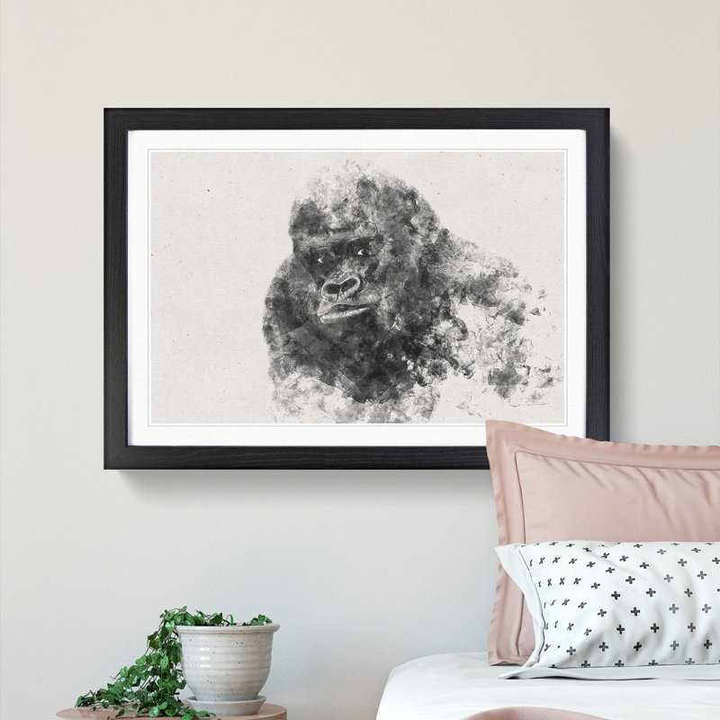 A Silverback Gorilla Watercolour - Single Picture Frame Print on MDF, 62cm H x 87cm W x 2cm D, Black Framed