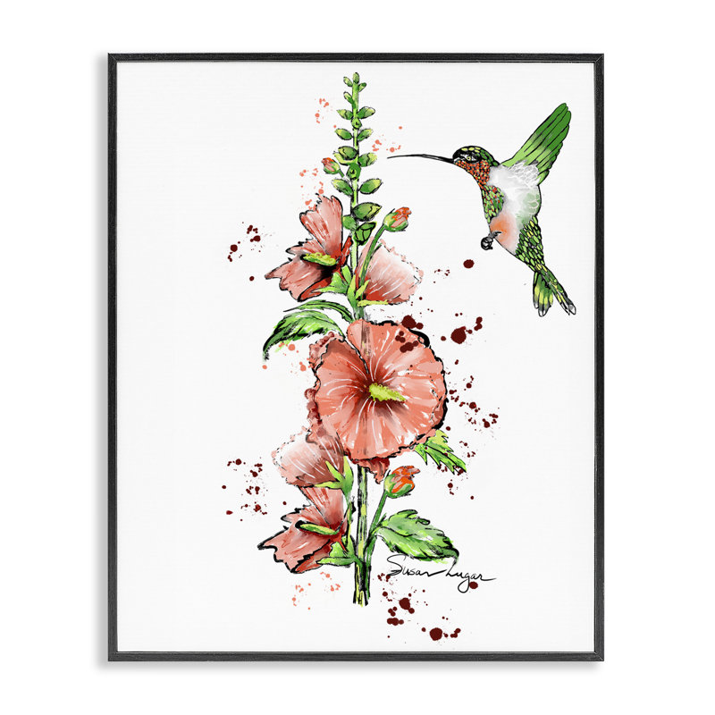 Colibri et rose trémière, estampe numérique, design par Susan Lugar, H 14 po x l 11 po, Giclée encadrée noir minuit
