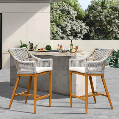 Bar Stools Set Of 2, Outdoor Counter Height Bar Chairs With Arm And Backrest, Aluminum Tall Bar Stools With Cushion Modern Textilene Rope Boho Barstoo by Wildon Home