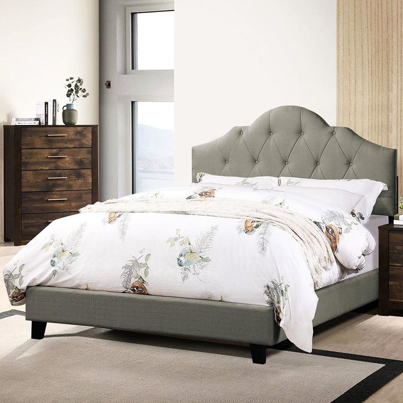 Grand lit tapissier gris en polyfibre gris, cadre de lit en bois de style arche, tête de lit réglable, lit de taille moderne