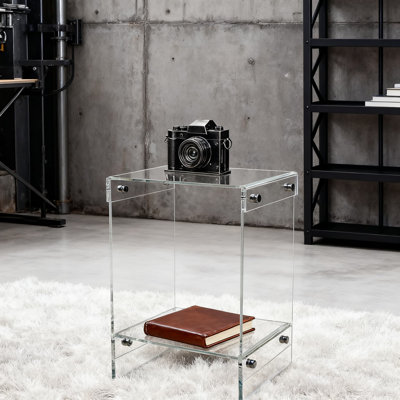 Modern Acrylic End Table With Storage Shelf, Transparent Side Table For Small Spaces, Clear Nightstand For Living Room Bedroom And Office