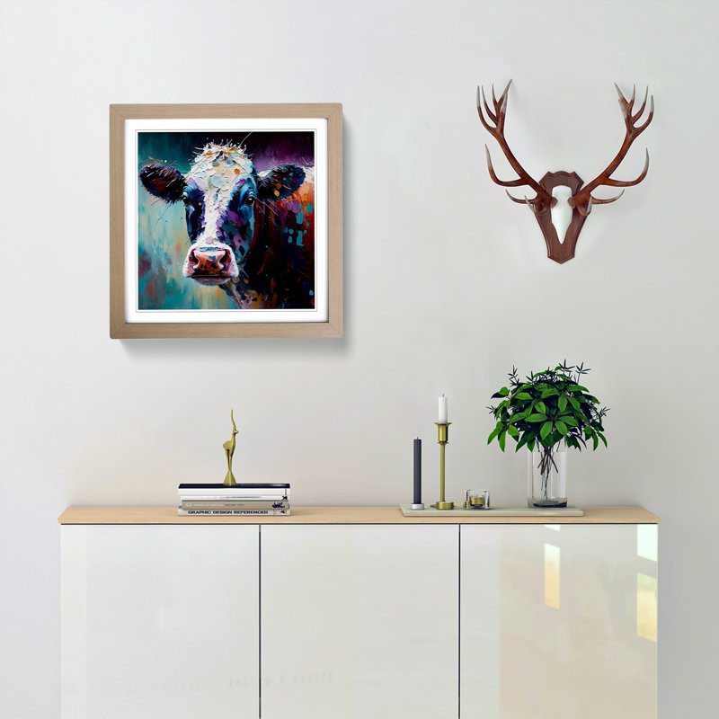 Cow Palette Knife Painting - Framed Print, Oak
