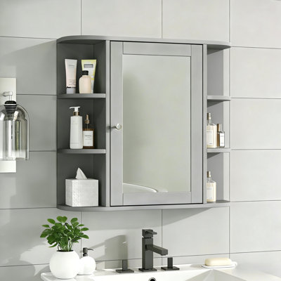 Armoire de rangement murale de salle de bain avec miroir, armoire à pharmacie avec tablette ou portes réglables en bois, armoires de rangement montées avec 6 tablettes ouvertes, gris