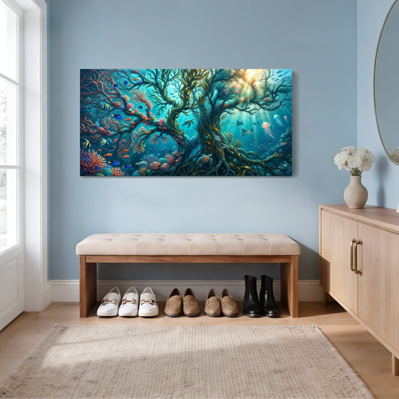 Ensemble de 1 tableau sur toile tendue représentant une forêt de récifs coralliens sous-marins, H 20 po x l 40 po